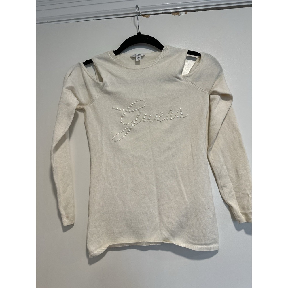 GUESS Y2K Faux Pearl Logo Cold Shoulder Top Sz:XS White Long Sleeve Knit